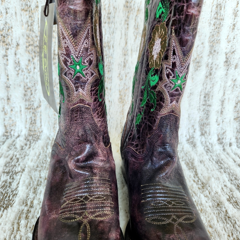 NWT J.B. Dillon Distressed Leather Western Cowboy Boots Floral Women's Size 5.5B - Picture 4 of 13